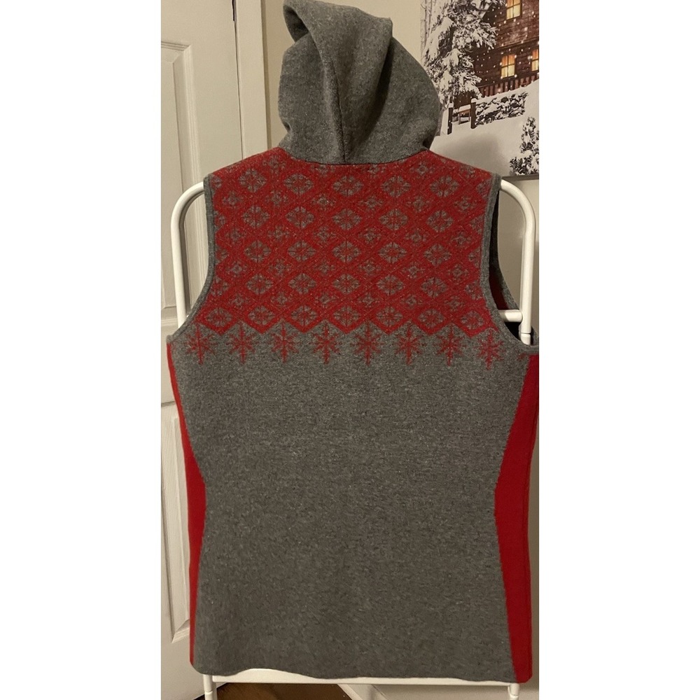 Woolrich Fair Isle Hooded Sweater Vest Womens MED Heather Gray Red Lambswool - Picture 3 of 9